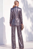 Sparkly Coffee Cheetah Print Peak Lapel Sequin 2 Piece Women Suits