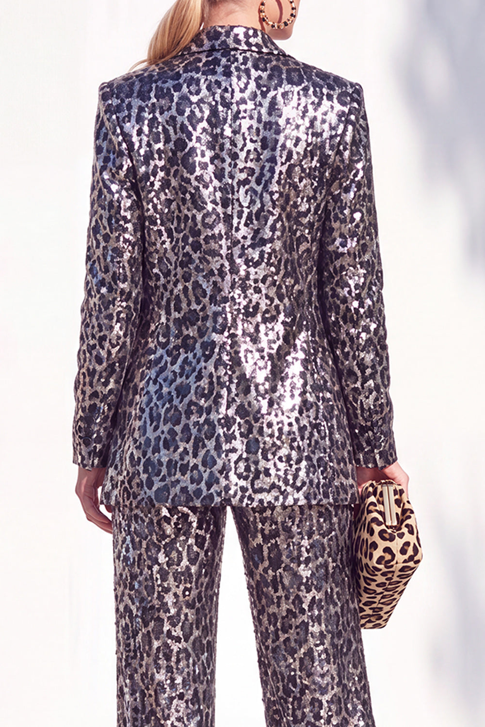 Sparkly Coffee Cheetah Print Peak Lapel Sequin 2 Piece Women Suits