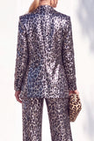 Sparkly Coffee Cheetah Print Peak Lapel Sequin 2 Piece Women Suits