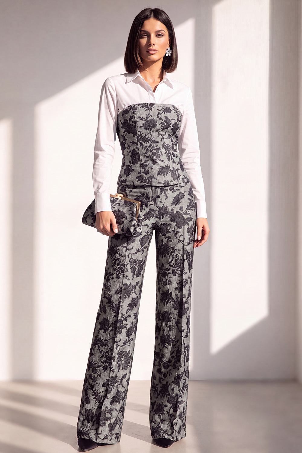 Black Golden Floral Lapel Slim Fit 2 Piece Work Suits