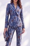 Dark Blue Floral Peak Lapel Slim Fit 2 Piece Wowen Suits