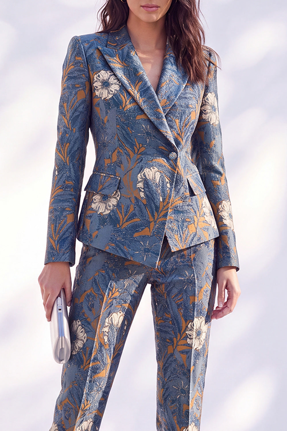 Dark Blue Floral Peak Lapel Slim Fit 2 Piece Wowen Suits