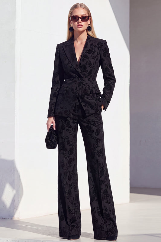 Floral Black Notchd Lapel Slim Fit 2 Piece Work Suits