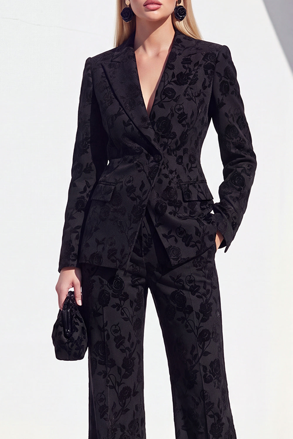 Floral Black Peak Lapel Slim Fit 2 Piece Work Suits