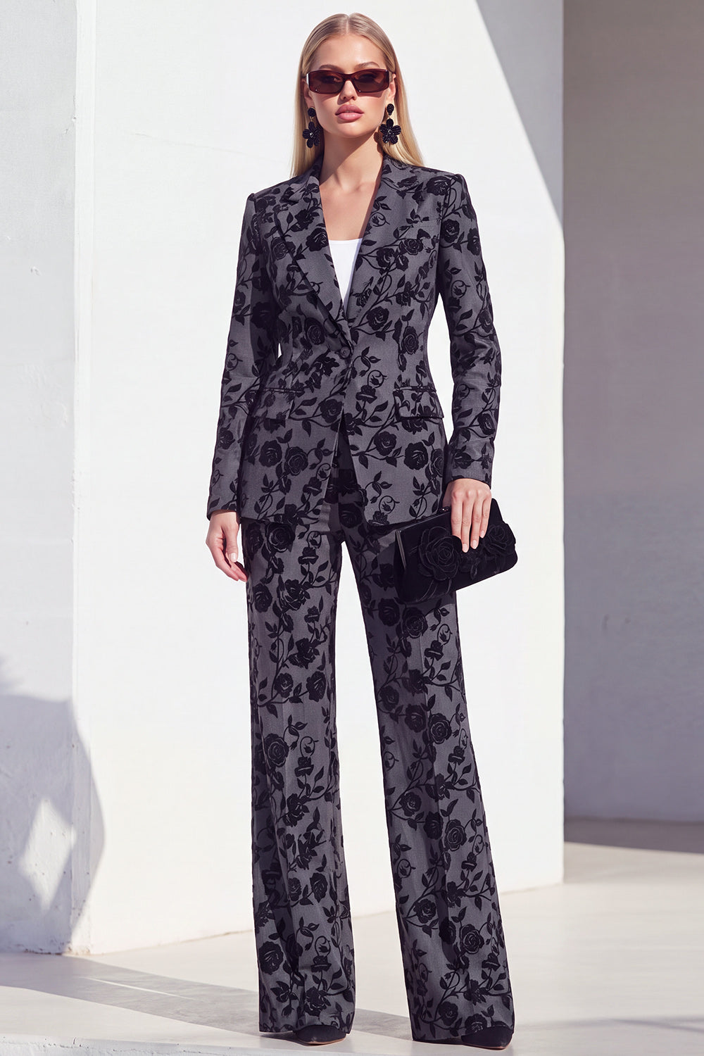 Floral Black Peak Lapel Slim Fit 2 Piece Work Suits