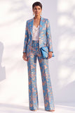 Peak Lapel Blue Floral Slim Fit 2 Piece Women Suit