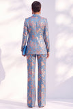 Peak Lapel Blue Floral Slim Fit 2 Piece Women Suit