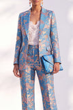 Peak Lapel Blue Floral Slim Fit 2 Piece Women Suit