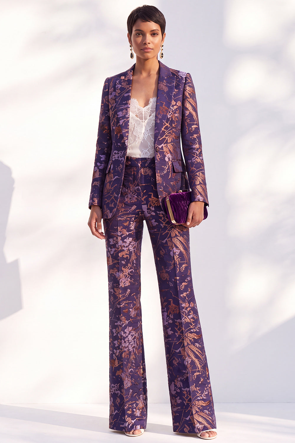 Peak Lapel Blue Floral Slim Fit 2 Piece Women Suit