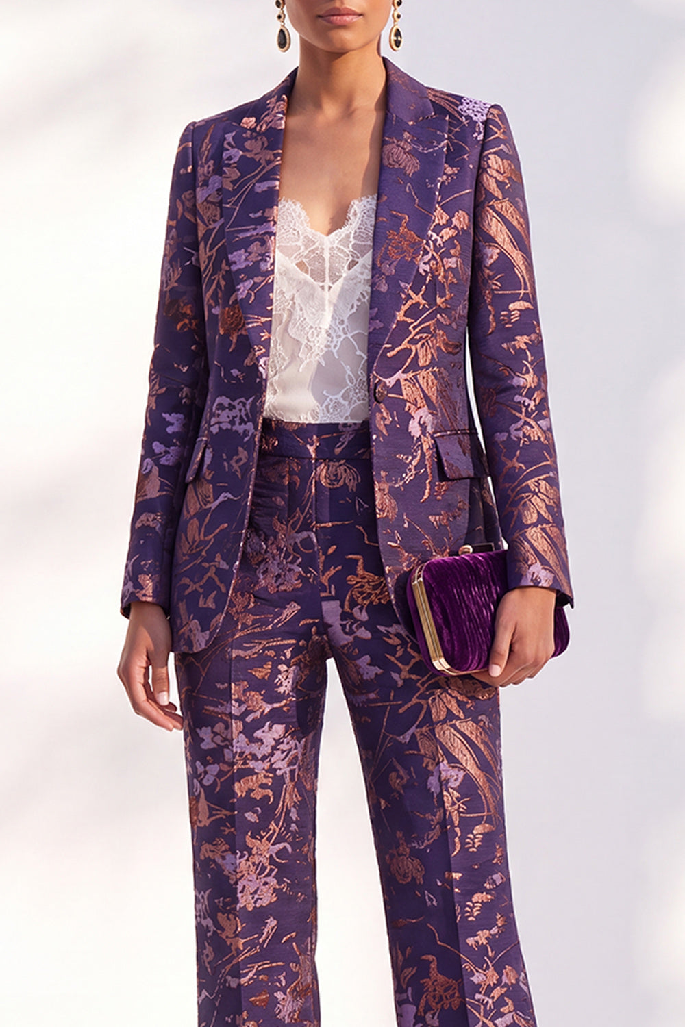 Peak Lapel Blue Floral Slim Fit 2 Piece Women Suit