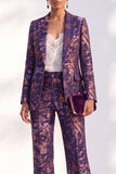Peak Lapel Blue Floral Slim Fit 2 Piece Women Suit