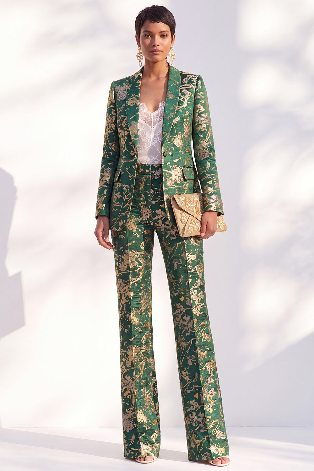 Peak Lapel Blue Floral Slim Fit 2 Piece Women Suit