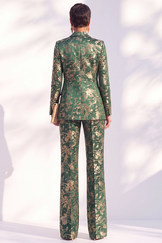 Peak Lapel Green Floral Slim Fit 2 Piece Women Suit
