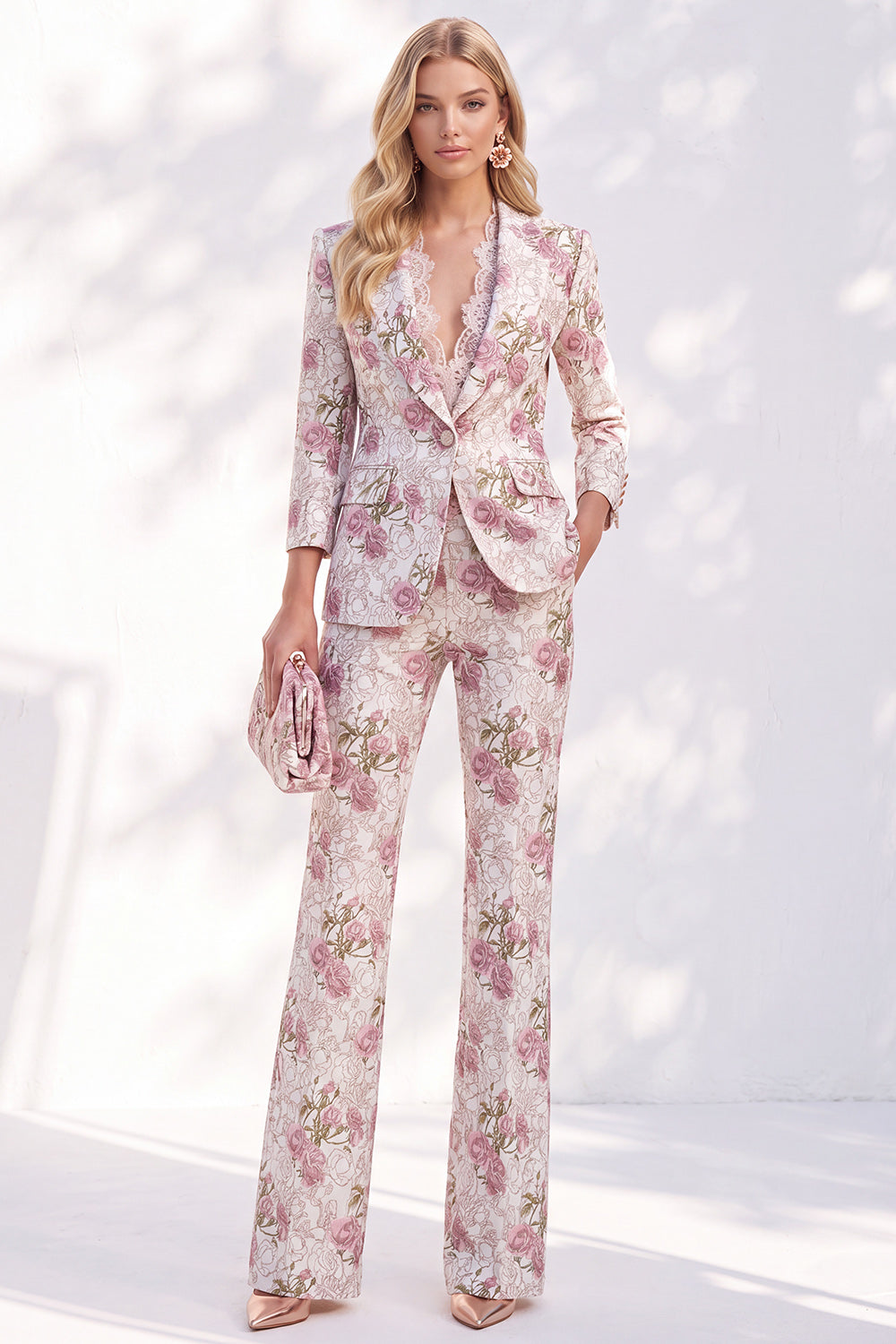 White Purple Flower 2 Piece Peak Lapel 3/4 Sleeves Women Suits