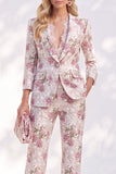 White Purple Flower 2 Piece Peak Lapel 3/4 Sleeves Women Suits