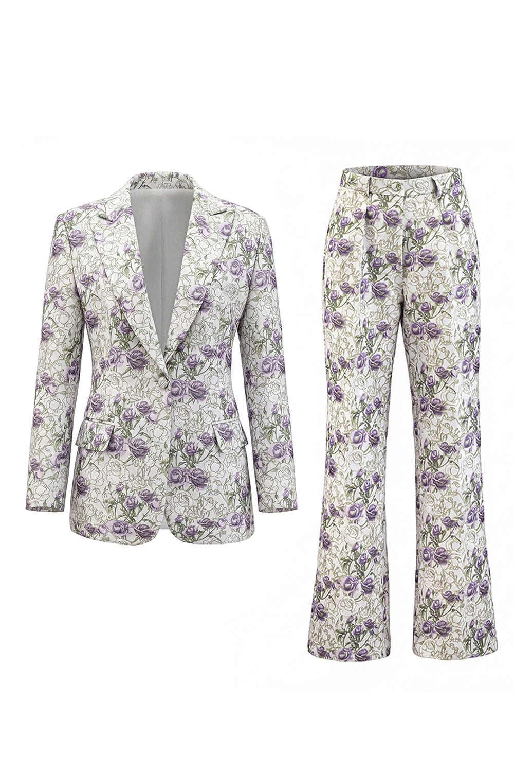 White Purple Flower 2 Piece Peak Lapel 3/4 Sleeves Women Suits