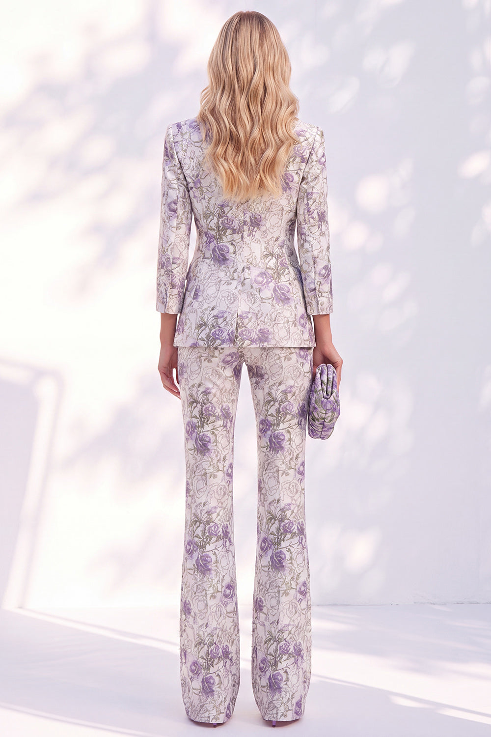 White Purple Flower 2 Piece Peak Lapel 3/4 Sleeves Women Suits