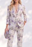 White Purple Flower 2 Piece Peak Lapel 3/4 Sleeves Women Suits