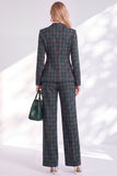 Double Breasted Green Grid Peak Lapel 2 Piece Work Suits with Pockets