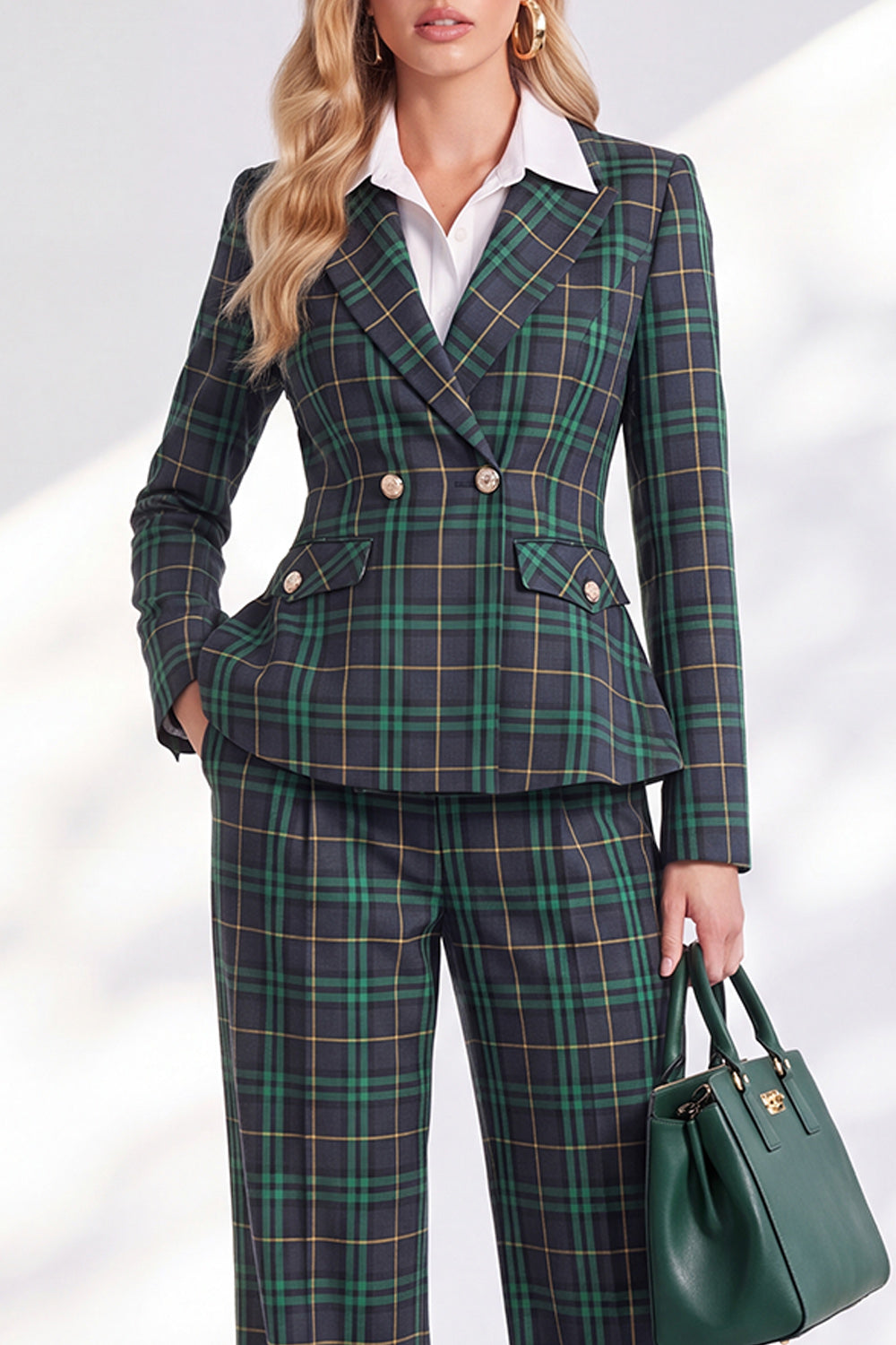Double Breasted Green Grid Peak Lapel 2 Piece Work Suits with Pockets
