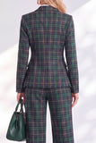 Double Breasted Green Grid Peak Lapel 2 Piece Work Suits with Pockets