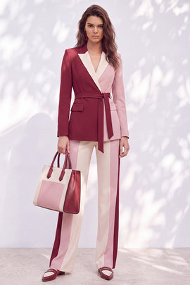 Patchwork Pink Burgundy Peak Lapel 2 Piece Work Suits with Sash