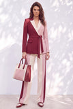 Patchwork Pink Burgundy Peak Lapel 2 Piece Work Suits with Sash