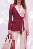 Patchwork Pink Burgundy Peak Lapel 2 Piece Work Suits with Sash