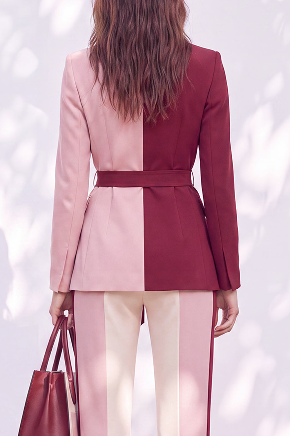 Patchwork Pink Burgundy Peak Lapel 2 Piece Work Suits with Sash