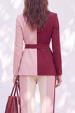 Patchwork Pink Burgundy Peak Lapel 2 Piece Work Suits with Sash