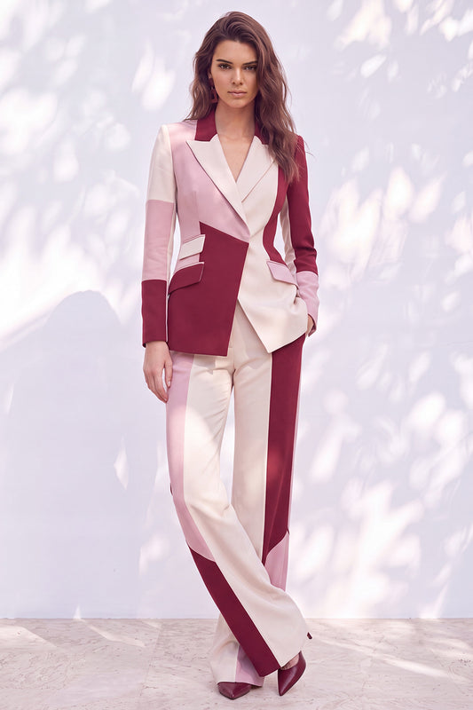 Pink Burgundy Patchwork Peak Lapel Slim Fit 2 Piece Work Suits