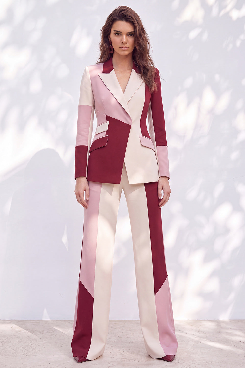 Pink Burgundy Patchwork Peak Lapel Slim Fit 2 Piece Work Suits