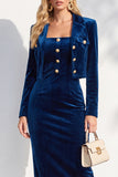 Velvet Burgundy Notched Lapel Single Breasted 2 Piece Blazer Dress