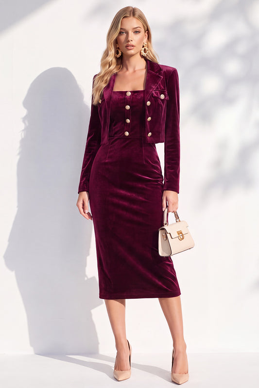 Velvet Burgundy Notched Lapel Single Breasted 2 Piece Blazer Dress