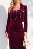 Velvet Burgundy Notched Lapel Single Breasted 2 Piece Blazer Dress