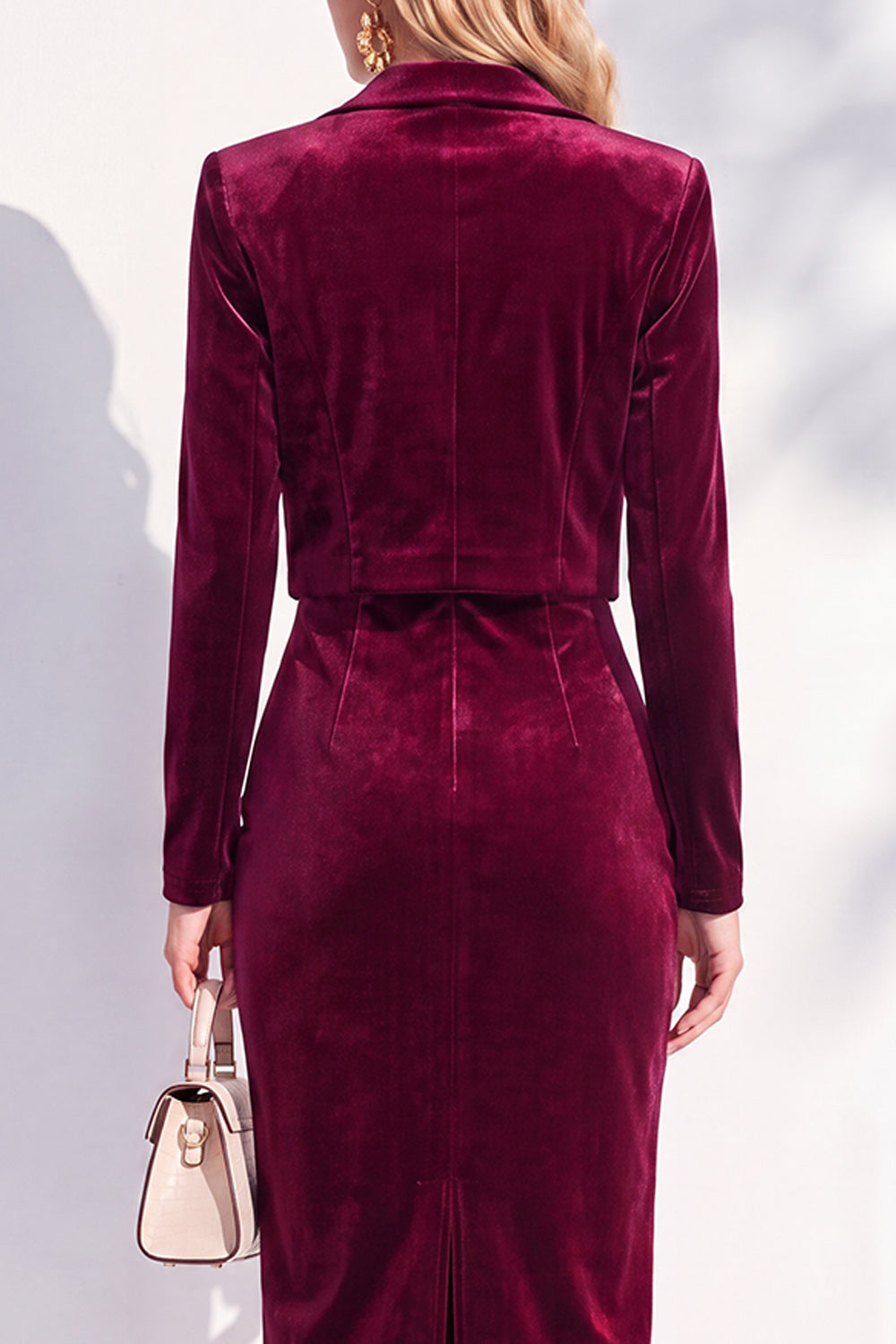 Velvet Burgundy Notched Lapel Single Breasted 2 Piece Blazer Dress