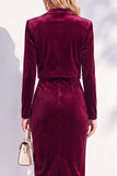 Velvet Burgundy Notched Lapel Single Breasted 2 Piece Blazer Dress