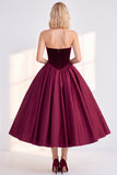 Burgundy Velvet A Line Sweetheart Midi Work Dress
