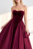 Burgundy Velvet A Line Sweetheart Midi Work Dress