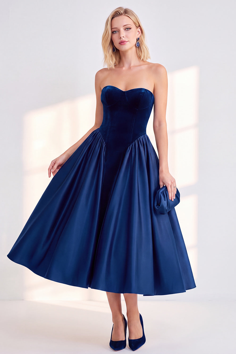 Burgundy Velvet A Line Sweetheart Midi Work Dress