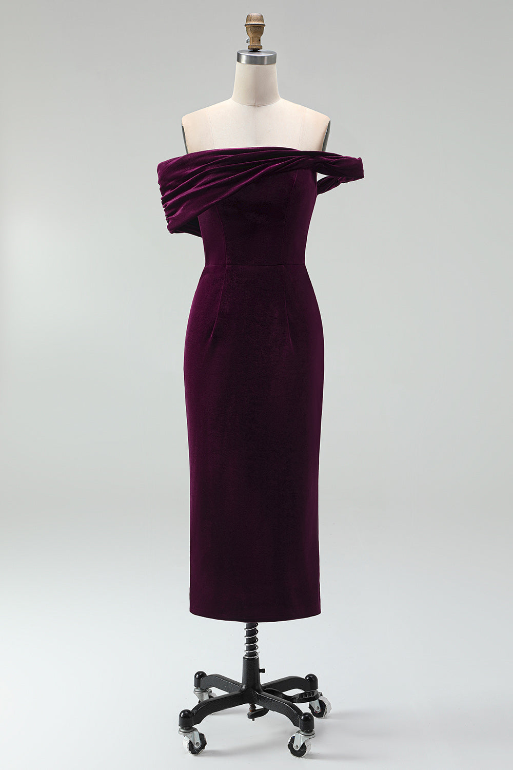 Off the Shoulder Burgundy Velvet Bodycon Midi Work Dress