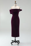 Off the Shoulder Burgundy Velvet Bodycon Midi Work Dress