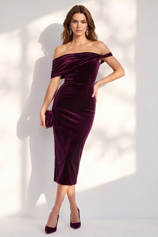 Off the Shoulder Burgundy Velvet Bodycon Midi Work Dress