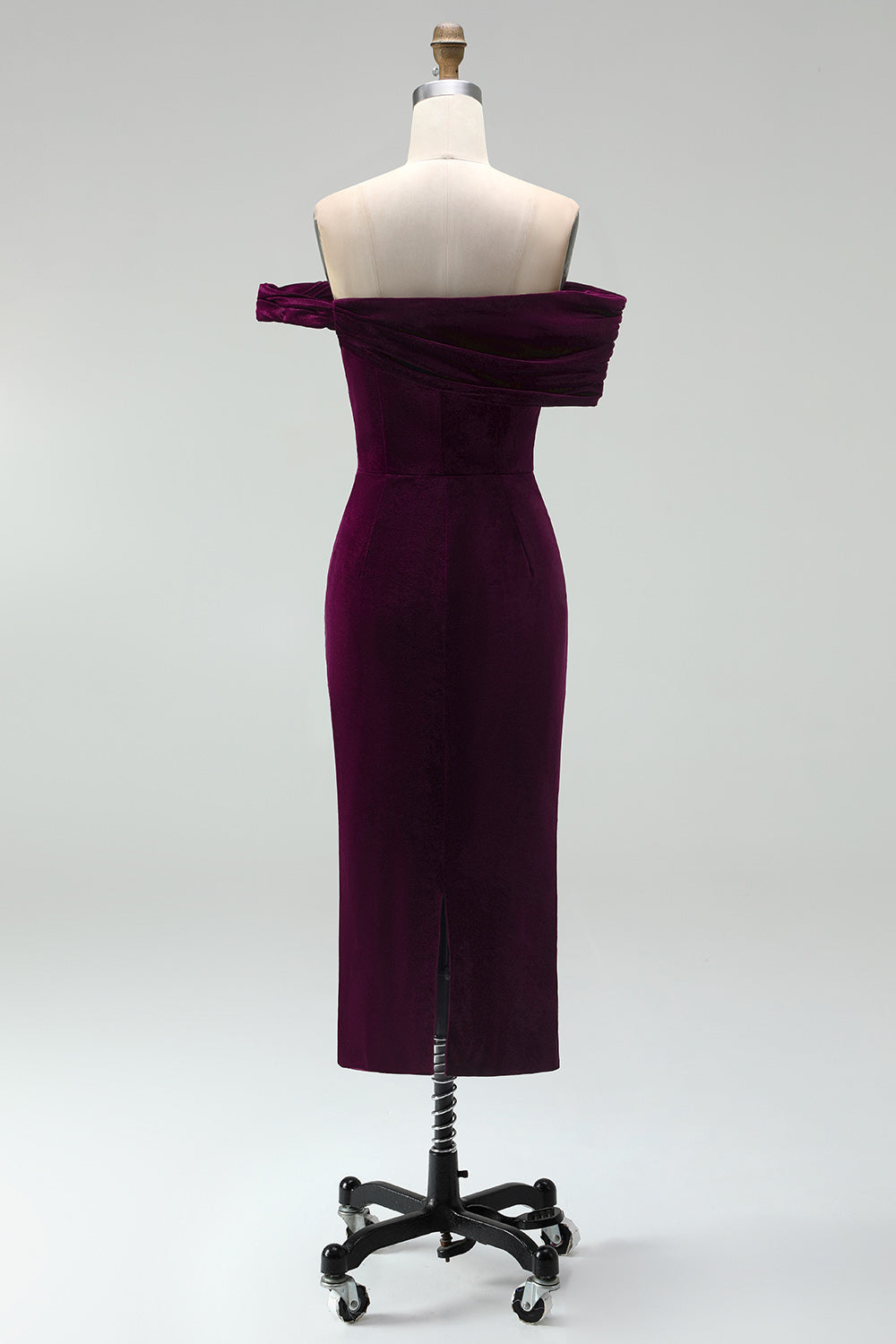 Off the Shoulder Burgundy Velvet Bodycon Midi Work Dress