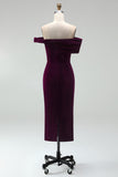 Off the Shoulder Burgundy Velvet Bodycon Midi Work Dress