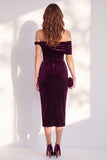 Off the Shoulder Burgundy Velvet Bodycon Midi Work Dress