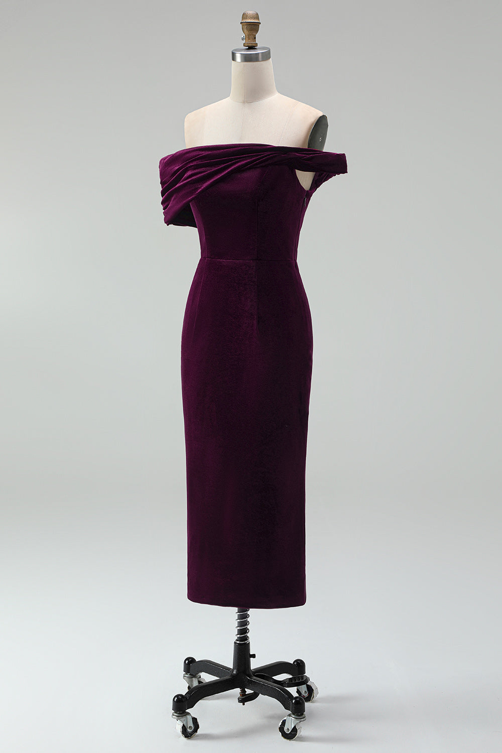 Off the Shoulder Burgundy Velvet Bodycon Midi Work Dress