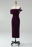 Off the Shoulder Burgundy Velvet Bodycon Midi Work Dress