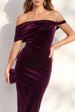 Off the Shoulder Burgundy Velvet Bodycon Midi Work Dress