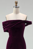 Off the Shoulder Burgundy Velvet Bodycon Midi Work Dress